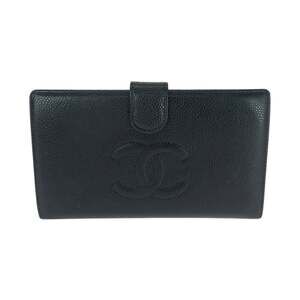 CHANEL Vintage Black Caviar Leather Logo Wallet